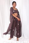 Buy_KHAT_Brown Handwoven Cotton Polka Pattern Square Neck Long Jacket And Pant Set _Online_at_Aza_Fashions