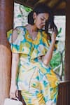 Buy_FUGA_Multi Color Mango Silk Printed Floral V Neck Flap Top And Pant Set _Online_at_Aza_Fashions