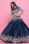 Label Priyanka Kar_Blue Cotton Satin Printed Floral Patterns Round Floret Flared Lehenga Set _Online_at_Aza_Fashions
