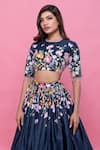 Buy_Label Priyanka Kar_Blue Cotton Satin Printed Floral Patterns Round Floret Flared Lehenga Set _Online_at_Aza_Fashions