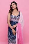 Label Priyanka Kar_Blue Cotton Satin Printed Floral Patterns Scoop Neck Straight Kurta Set _Online_at_Aza_Fashions