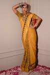 The Home Affair_Yellow Saree Chinon Handblock Floral Boat Print With Striped Blouse _Online_at_Aza_Fashions