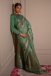 The Home Affair_Green Saree Chinon Handblock Floral Boat Striped Print Pallu With Blouse _Online_at_Aza_Fashions