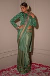 Buy_The Home Affair_Green Saree Chinon Handblock Floral Boat Striped Print Pallu With Blouse _Online_at_Aza_Fashions