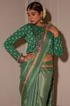 Shop_The Home Affair_Green Saree Chinon Handblock Floral Boat Striped Print Pallu With Blouse _Online_at_Aza_Fashions