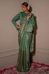 Buy_The Home Affair_Green Saree Chinon Handblock Floral Boat Striped Print Pallu With Blouse _at_Aza_Fashions