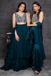 Shop Sunita Bhandari Green Satin, Viscose Sequins, Cut Work, Ruffles Asymmetric Cape Palazzo Set Online at Aza Fashions Shop_Sunita Bhandari_Green Satin, Viscose Sequins, Cut Work, Ruffles Asymmetric Cape Palazzo Set _Online_at_Aza_Fashions