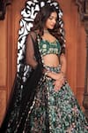 Label Priyanka Kar_Black Net Hand Embroidered Floral Patterns V Neck Bridal Lehenga Set _Online_at_Aza_Fashions