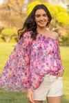 Shop_B'Infinite_Purple Chiffon Floral Pattern Asymmetric Neck Top_Online_at_Aza_Fashions
