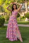 B'Infinite Purple Georgette Floral Pattern Sweetheart Neck Crop Top And Slit Skirt Set Online at Aza Fashions B'Infinite_Purple Georgette Floral Pattern Sweetheart Neck Crop Top And Slit Skirt Set_Online_at_Aza_Fashions