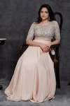 Sunita Bhandari_Peach Viscose Crepe Embroidery Bead Illusion Sheer Round Neck Blouse Lehenga Set _Online_at_Aza_Fashions