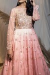 Kanj by Priyanka A Sakhuja_Peach Net Embroidered Sequin Illusion Sweetheart Nigar Flared Gown  _Online_at_Aza_Fashions