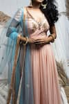 Kanj by Priyanka A Sakhuja_Peach Georgette Embroidered Gota Work Plunge V Neck Ziya Anarkali With Dupatta _Online_at_Aza_Fashions