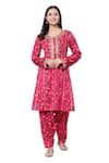 Shetab Kazmi_Pink Modal Satin Floral, Gota Patti Round Neck Scattered Block Print Kurta Set _Online_at_Aza_Fashions