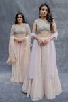 Shop_Sunita Bhandari_Peach Viscose Crepe Embroidery Bead Illusion Sheer Round Neck Blouse Lehenga Set _Online_at_Aza_Fashions