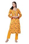 Shetab Kazmi_Yellow Modal Satin Floral, Gota Patti V Neck Print Kurta Set _Online_at_Aza_Fashions