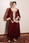 Shrutkirti_Red Silk Velvet Embellished Round Notched Zoya Kurta Palazzo Set _at_Aza_Fashions