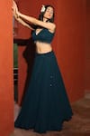 house of mithi kalra_Blue Georgette Plain V Neck Monochromatic Lehenga With Blouse _Online_at_Aza_Fashions