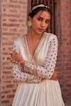 Nidhika Shekhar_Ivory Crepe Embroidery Sequins Plunge V Karwa Sleeve Anarkali With Dupatta _at_Aza_Fashions