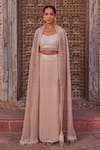 Nidhika Shekhar_Beige Silk Embroidery Sequins Cape Open Feather Lehenga Set_Online_at_Aza_Fashions