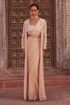 Nidhika Shekhar_Beige Silk Embroidery Pearls Blouse Scoop Subh Bela Geometric Cape Saree Set_Online_at_Aza_Fashions