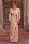 Buy_Nidhika Shekhar_Beige Silk Embroidery Pearls Blouse Scoop Subh Bela Geometric Cape Saree Set_Online_at_Aza_Fashions