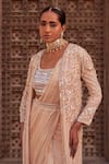 Nidhika Shekhar_Beige Silk Embroidery Pearls Blouse Scoop Subh Bela Geometric Cape Saree Set_at_Aza_Fashions