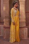 Buy_Nidhika Shekhar_Yellow Silk Embroidery Pearls Blouse Scoop Subh Bela Cape Saree Set _Online_at_Aza_Fashions