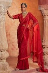 Nidhika Shekhar_Red Silk Embroidery Beads Scallop Neck Lal Kesar Pre-draped Saree With Blouse _Online_at_Aza_Fashions
