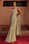 Nidhika Shekhar_Green Silk Crepe Embroidery Feather One Udaan Utsav Pre-draped Saree Set _Online_at_Aza_Fashions