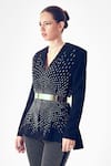 Rohit Gandhi + Rahul Khanna_Blue Crepe Crystals V-neck Aureole Embellished Jacket And Trouser Set _Online_at_Aza_Fashions