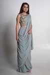Buy_Merge Design_Blue Georgette, Crepe Sequins Round Neck Pre-draped Saree Set _Online_at_Aza_Fashions