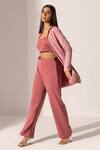 Kritika Madan Label_Pink Suede Open Front Jacket And Pant Set_Online_at_Aza_Fashions