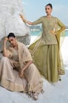 Seeaash_Green Net Embroidery Gota Patti Scoop Neck Mirror Kurta Sharara Set _Online_at_Aza_Fashions