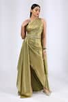Neha Gursahani_Green Foil Georgette Asymmetric Pre Draped Saree Gown _Online_at_Aza_Fashions