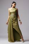Neha Gursahani_Green Foil Georgette Asymmetric Pre Draped Saree Gown _at_Aza_Fashions