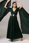 Neha Gursahani_Green Double Georgette Cape Sleeved Jumpsuit_Online_at_Aza_Fashions