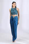 Neha Gursahani_Blue Satin Raw Silk Embroidery Zardozi Halter Top And Draped Skirt Set _Online_at_Aza_Fashions