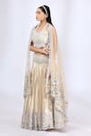 Neha Gursahani_Beige Tulle Embroidery Thread Halter 3d Floral Lehenga Set _Online_at_Aza_Fashions