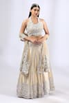 Buy_Neha Gursahani_Beige Tulle Embroidery Thread Halter 3d Floral Lehenga Set _Online_at_Aza_Fashions