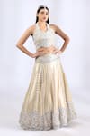 Shop_Neha Gursahani_Beige Tulle Embroidery Thread Halter 3d Floral Lehenga Set _Online_at_Aza_Fashions