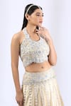 Neha Gursahani_Beige Tulle Embroidery Thread Halter 3d Floral Lehenga Set _at_Aza_Fashions