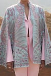 Buy_Neiza by Neeti Seth_Blue Cashmere Wool Printed And Hand Embroidered Floral Pattern Cape  _Online_at_Aza_Fashions