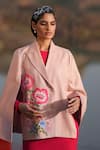 Neiza by Neeti Seth_Pink Cashmere Wool Hand Embroidered Thread Work Notched Lapel Cape  _Online_at_Aza_Fashions