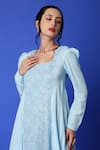 Monk & Mei_Blue Georgette Embroidered Chikankari Square Neck Cowl Dress _Online_at_Aza_Fashions