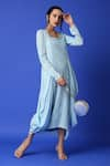 Monk & Mei_Blue Georgette Embroidered Chikankari Square Neck Cowl Dress _at_Aza_Fashions