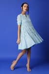 Shop_MONK & MEI BY SONIA ANAND_Blue Georgette Embroidered Chikankari Notched Kurta _Online_at_Aza_Fashions