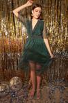 Tasuvure_Green Satin Embroidery Shimmer Plunge V Neck Divine Uptown Dress  _Online_at_Aza_Fashions