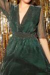 Shop_Tasuvure_Green Satin Embroidery Shimmer Plunge V Neck Divine Uptown Dress  _Online_at_Aza_Fashions