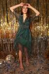 Buy_Tasuvure_Green Satin Embroidery Shimmer Plunge V Neck Divine Uptown Dress  _Online_at_Aza_Fashions